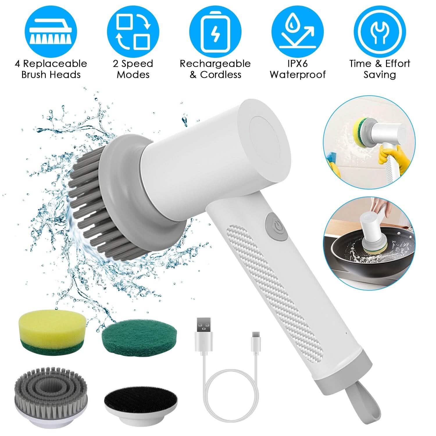 Electric Handheld Spin Scrubber Cordless Cleaning Brush with 2 Rotating Speeds